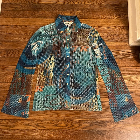 Custo Barcelona Tops - Vintage Blue and Brown Tramontana Mesh Button Down